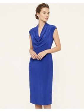 Ted Baker London Pacific Blue 100% Silk Cowl Neck Sheath Midi Dress
